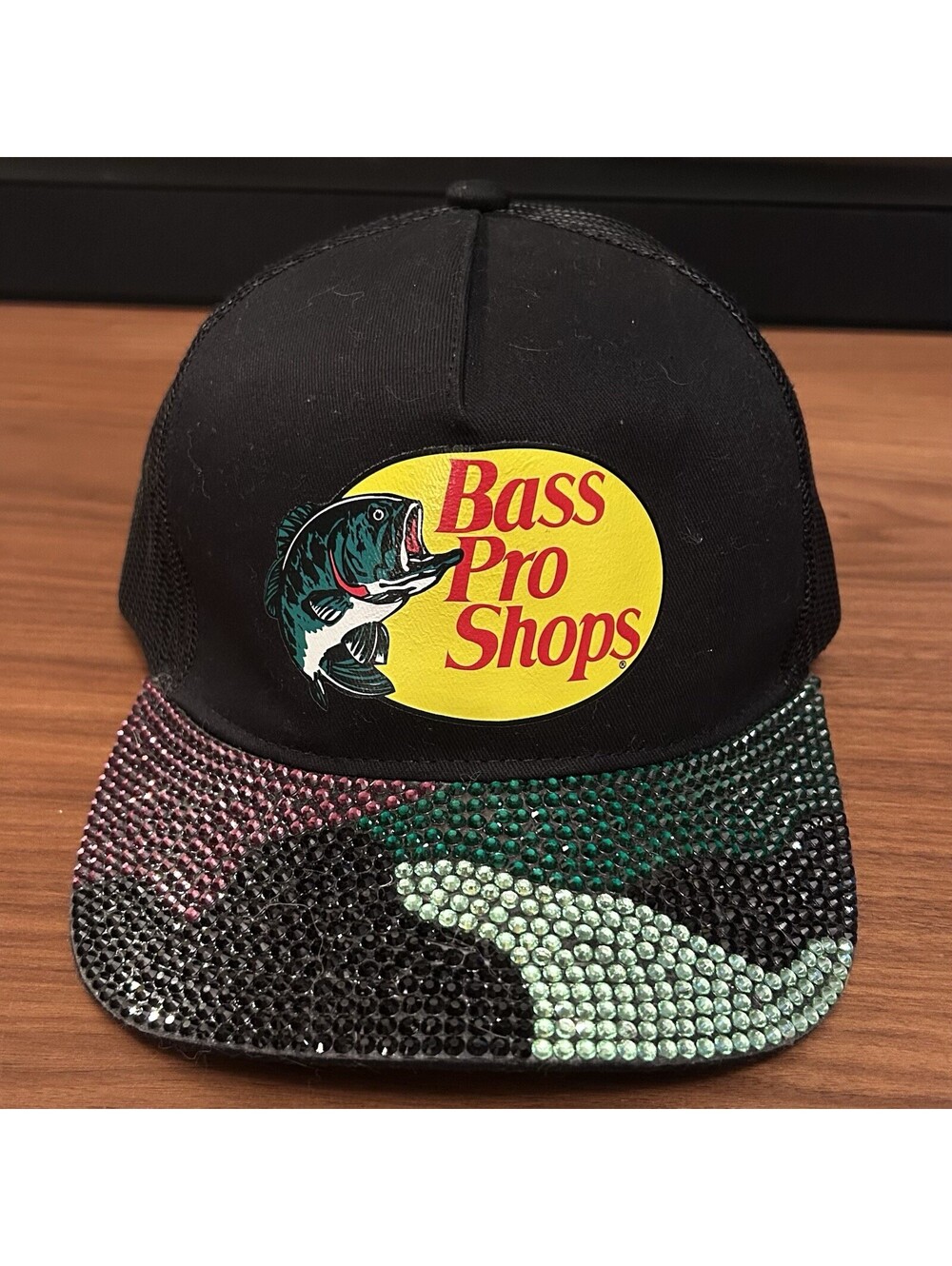 Camo Brim BLING Trucker Hat Bass Pro Shops, Rhinestone “Bedazzled”, Adjustable